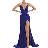 Sheath Deep V Neck Formal Evening Dress with Slit Spaghetti Strap Prom Gown with Train Pleats Sleeveless for Women