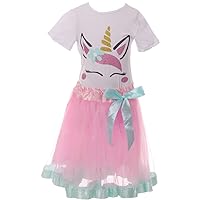 Little Girl 2 Pieces Combo Unicorn White Top Pink Tulle Lace Skirt Sets 2t-8