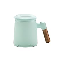 Tea Cup with Infuser and Lid, Wood Handle Loose Tea Steeper Mug, 12 Ounces Matte Ceramic Stainer Mug for Tea Gifts/Light Green