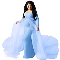 Women Off Shoulder Long Sleeve Maternity Dress Tulle Elegant Slim Fit Gown Baby Shower Photography Maxi Dress for Photo Shoot