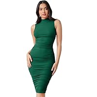 Dresses for Women - Mock-Neck Ruched Solid Dress (Color : Dark Green, Size : Medium)