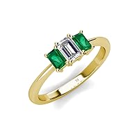 Emerald Cut (6x4 mm) Natural Diamond & Emerald 1 1/5 ctw 3 Stone Engagement Ring 14K Gold