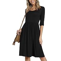 CATHY Women's 3/4 Sleeve 2024 Casual High Waist Round Neck Midi Dress with Pockets