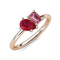 Pear Shape Lab Created Ruby & Emerald Cut Pink Tourmaline 2 3/8 ctw Four Prong Women 2 Stone Duo Engagement Ring 14K Gold
