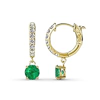 Round Emerald & Natural Diamond 1.08 ctw Women Dangle Huggie Hoop Earrings Gold