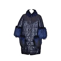 Woman Black Genuine Leather and Night Blue Real Fur Covered Coat