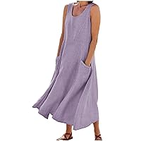 Women Dresses Sleeveless Linen Dresses for Women, 2024 Summer Pocket Dress Casual Scoop Neck Tank Dress Trendy Loose Fit Sundress Vestidos para Mujer Elegantes Purple