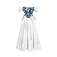Dresses for Women Floral Print Puff Sleeve Ruffle Hem Dress (Color : White, Size : X-Small)