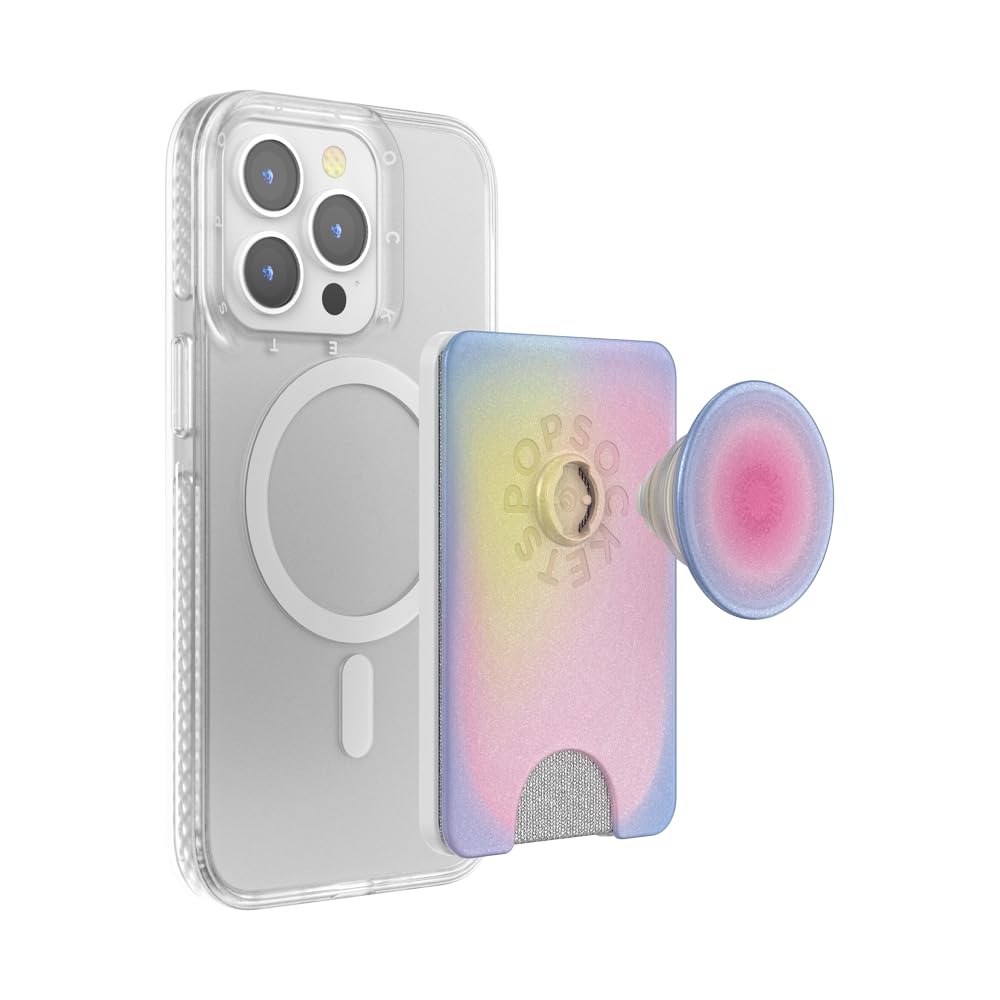 PopSockets Phone Wallet with Expanding Grip, Phone Card Holder, Wireless Charging Compatible, Wallet Compatible with MagSafe -Aura