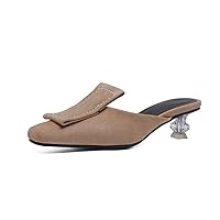 Women's Closed Square Toe Suede Mules Crystal Mid Heel Backless Dress Slippers Slip on Slides Shoes