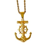 Anchor Men Women Solid 14k Gold Finish Pendant Stainless Steel Real 3 mm Rope Chain Necklace, Mens Jewelry, Iced Pendant, Rope Necklace Prime Delivery