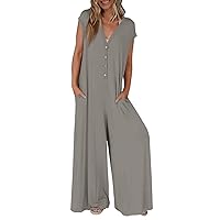 Womens Summer Casual Short Sleeve Jumpsuit,V-Neck Button Loose Fit Rompers,Plus Size Solid Colour Wide Leg Pants