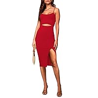Pink Queen Women's Spaghetti Strap Cutout Side Slit Ribbed Knee Length Bodycon Midi Dress