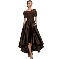 Women's Short Sleeves Evening Dresses Lace Embroidery with Pockets Prom Dresses Chocolate
