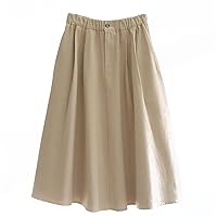 Womens Elastic High Waisted Skirts Button Up Pleated Midi Skirt A-Line Casual Flared Skirts Knee Length Solid Color Skirt