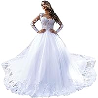 Sequins Illusion Bridal Ball Gowns Train Church Lace Wedding Dresses for Bride Long Sleeve