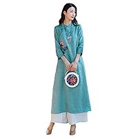 Chinese Style Embroidered Pattern Linen Dress,Thin,Long Dress for Spring Summer with Blue 3/4Sleeve