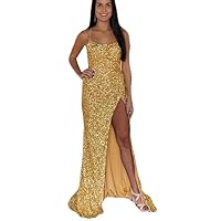 Women's Sequin Mermaid Long Formal Dress with Side Slit 2022 Glitter Spaghetti Straps Prom Party Gown