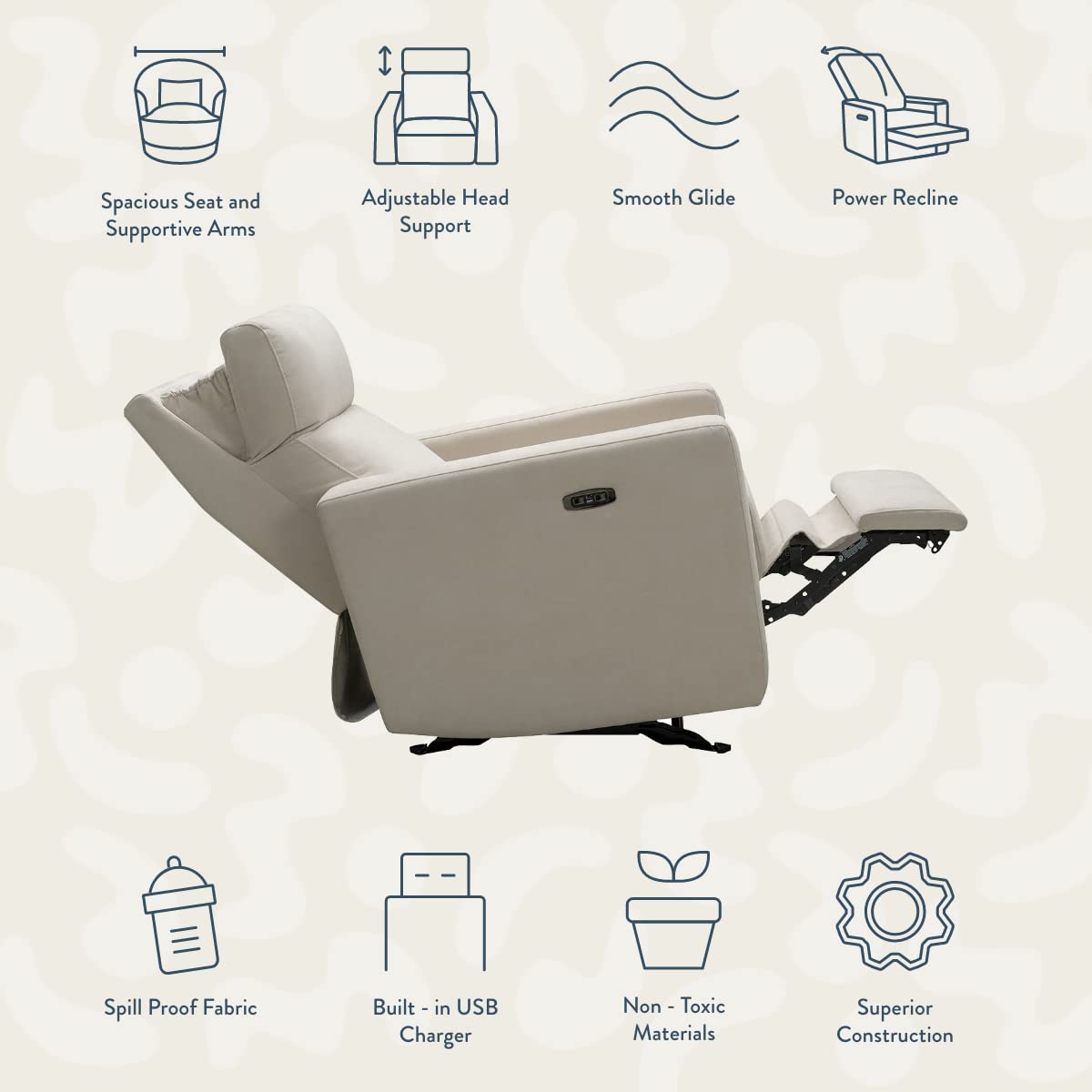 Nurture& The Glider Premium Power Recliner Nursery Glider Chair with Adjustable Head Support | Designed with a Thoughtful Combination of Function and Comfort | Built-in USB Charger (Ivory)
