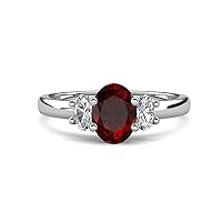 Center Red Garnet Oval Cut 8x6 mm and Side Lab Grown Diamond 2.00 ctw Trellis Three Stone Engagement Ring 14K Gold