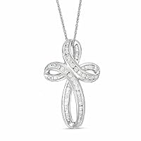 Created Baguette & Round Cut White Diamond 925 Sterling Silver 14K White Gold Finish Diamond Cross Pendant Necklace for Women's & Girl's