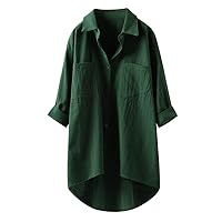 Women's Lapel Linen Cotton Tops for Women 2024 3/4 Sleeve High Low Plus Size Peplum Casual Trending Shirt Pockets