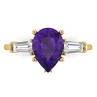 Clara Pucci 2.44ct Pear Baguette cut 3 stone Solitaire Natural Amethyst Proposal Designer Wedding Anniversary Bridal ring 14k Yellow Gold
