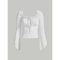 Women's Tops Sexy Tops for Women Women's Shirts Square Neck Split Sleeve Ruched Bust Flocked Mesh Top (Color : White, Size : Small)
