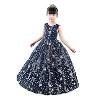 Children's evening dress blue starry sky printed girls' Princess Dress middle and large children's fashion