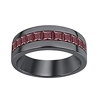 14K Black Gold Over .925 Sterling Silver Princess Cut Red Garnet Mens Wedding Band Ring