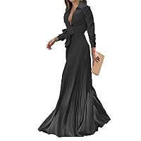 2023 Women Waist High Long Sleeve Sense Green Deep V Neck Light Luxury French Long Big Swing Dress