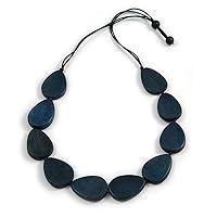 Avalaya Geometric Dark Blue Wood Bead Black Cord Necklace - 80cm Long Adjustable