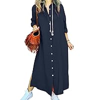 Womens Cotton Linen Button Down Shirt Dress Slit Pleated Maxi Sundress Casual Loose Long Sleeve Dresses with Pockets
