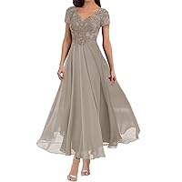 Mother of The Bride Dresses Tea Length Taupe Lace Appliques V Neck Chiffon Formal Evening Dresses with Sleeves for Women Size 10