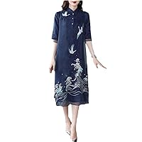 Chinese Style Vintage Dress with Crane Embroidery,Ladies' Summer Loose Dress,Half Sleeve Retro Stand Collar Dress