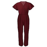 FEESHOW Junior Girls Casual Romper Ruffle Short Sleeve V-neck Tops Loose Long Pants Jumpsuit for Summer Daily wear