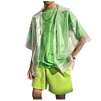 Men Plastic Transparent Short-Sleeved Shirt Waterproof Jacket Fashion See Through Clear PVC Chic Coat