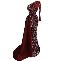 One Shoulder Prom Mermaid Long Dresses for Women with SleeveSparkly Sequin Long Formal Evening Gown
