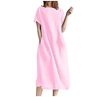 Women's Summer Large Loose Solid Cotton Linen Round Neck Short Sleeve Pocket Medium Length Dress 2024