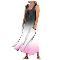 Dresses for Women Sleeveless Summer Tank Dress Crewneck Flowy Maxi Beach Vacation Casual Long Dresses with Pockets