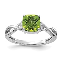 14k White Gold Checkerboard Peridot and Diamond Ring Size 7.00 Jewelry for Women