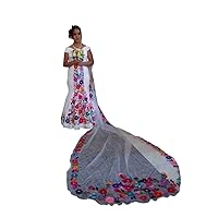 V Neck Mexican Style Mermaid Wedding Dresses Colorful Flower Embroidery Off The Shoulder Satin Brial Gown 2024