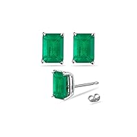 Natural Emerald Cut Emerald Stud Earrings in 14K White Gold From 5x3MM - 8x6MM