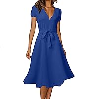 Spring Dresses for Women 2024 Floral Boho Dress V/O Neck Sleeveless/Short Sleeve Belted Ruffle Hem Flowy Maxi Dresses
