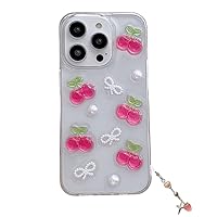 for iPhone 14 Pro Max Cover Case, Cute 3D Cherry Pearl Bow Strawberry Pendant Soft Clear Transparent Aesthetic Protective Cover Shell with Chain Strap for Girls Women (for iPhone 14 Pro Max)