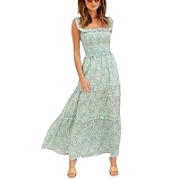 chouyatou Women's Summer Floral Spaghetti Strap Smocked Dress A-Line Square Neck Maxi Tiered Dress