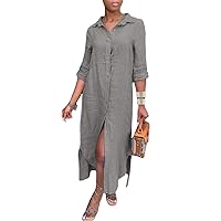 Women Cotton Linen Long Shirt Dress Button Down 3/4 Sleeve Plain Casual Loose Kaftan Shirt Dress for Women Boho