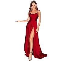 High Split Prom Dresses for Women Satin Long Adjustable Spaghetti Straps Formal Party Gowns with Pockets