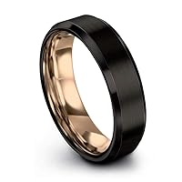 Tungsten Wedding Band Ring 6mm for Men Women 18k Rose Yellow Gold Plated Bevel Edge Black Brushed Polished