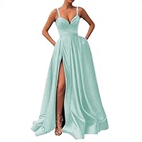 Womens Long Spaghetti Straps Satin Prom Dress Sleeveless Slit Evening Ball Gown with Pockets